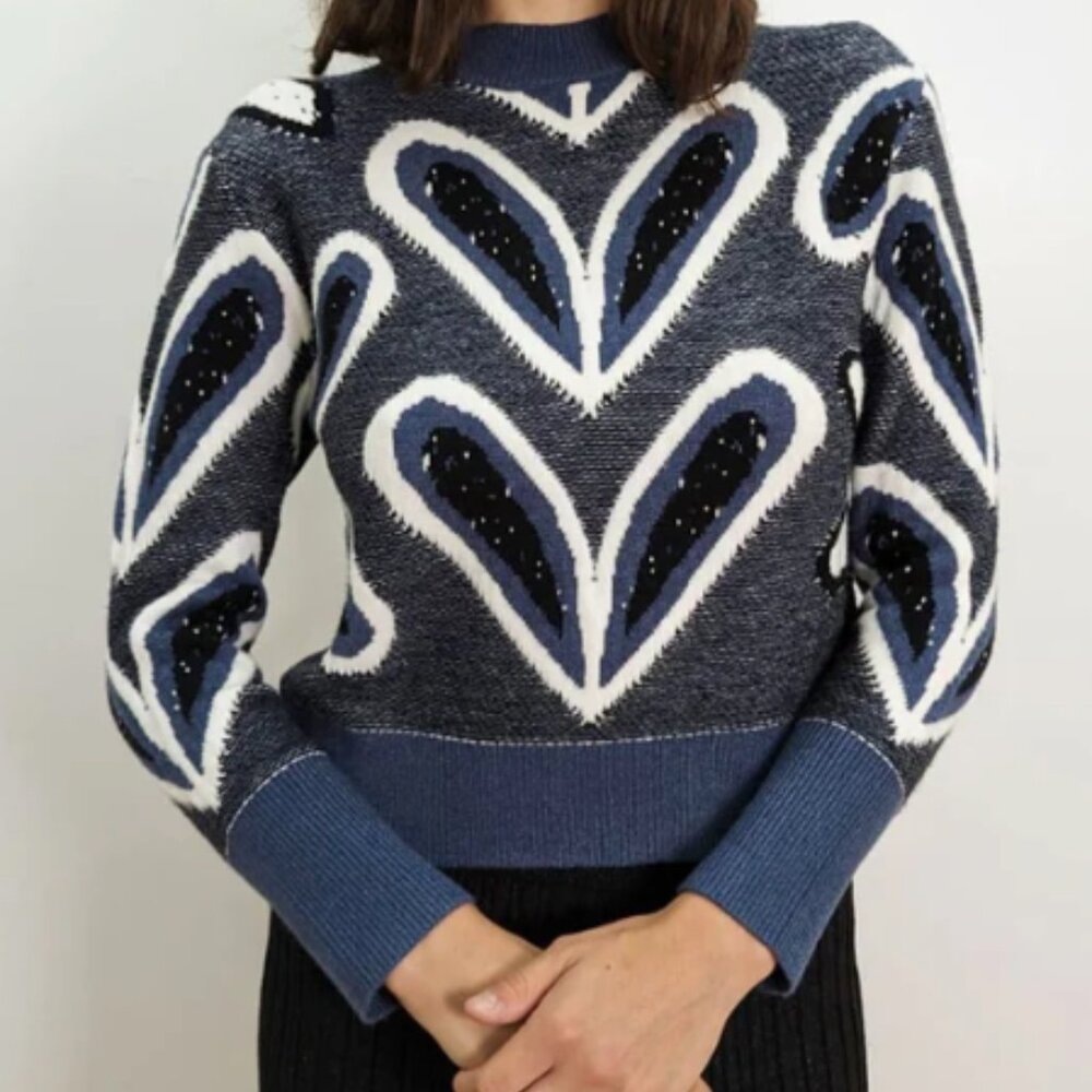 Nancy Yang Abstract Pattern Sweater - Dusty Denim Blue/Black/White, Size XL